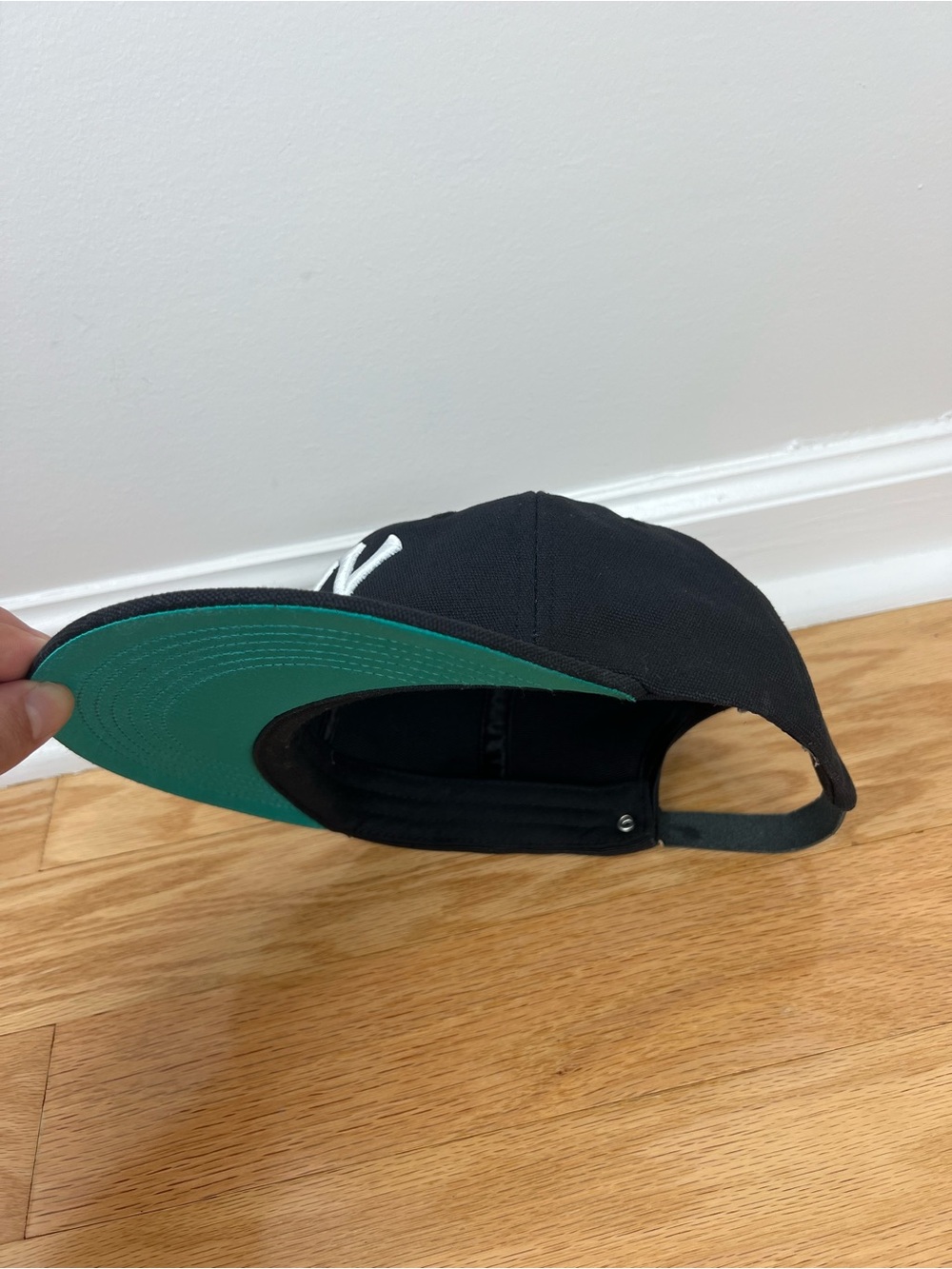 oMA Studios Black NY 5-Panel Hat with Teal Underbrim and Leather Strapback - Picture 2 of 8
